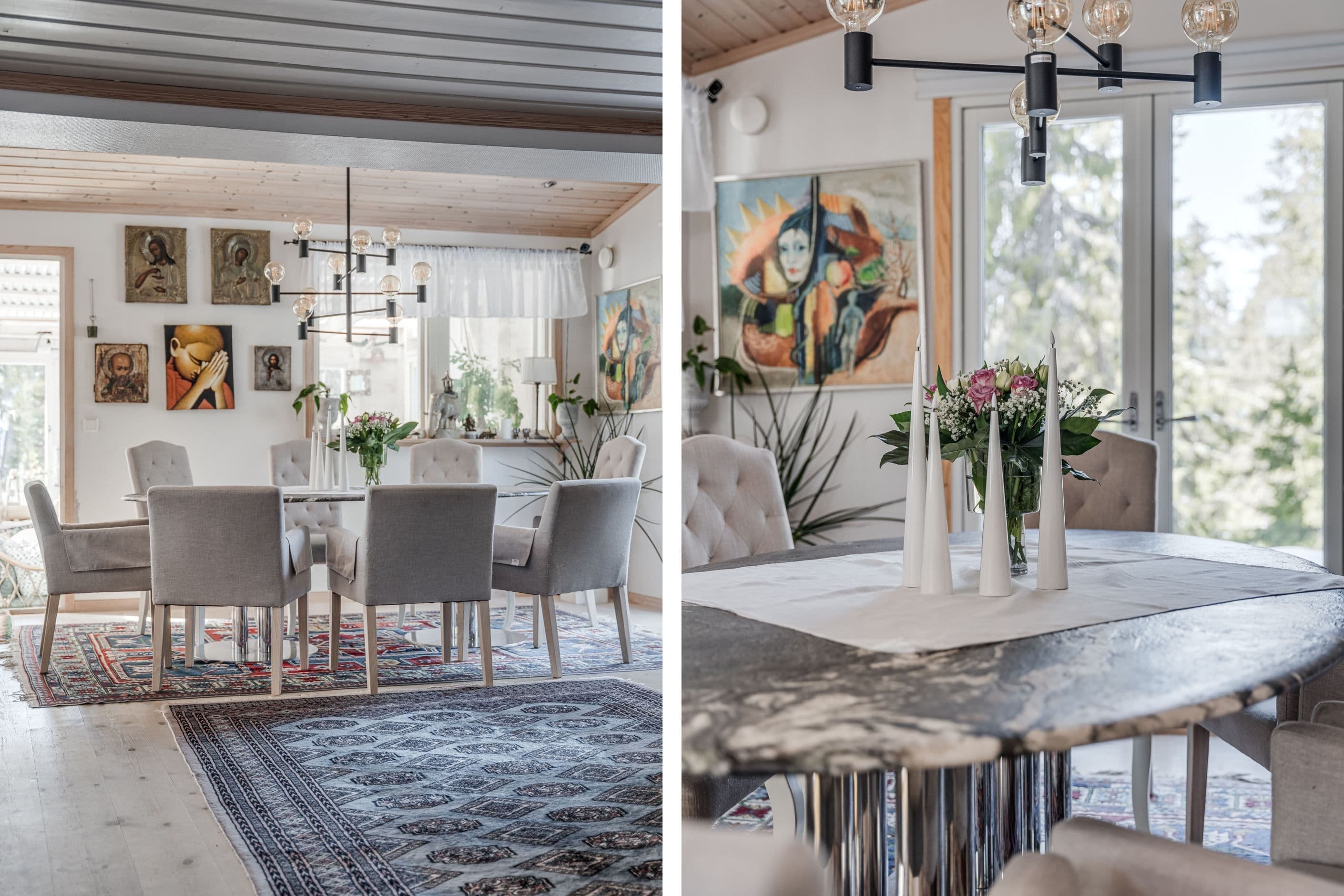 Matplats med öppen planlösning mellan kök och vardagsrum
